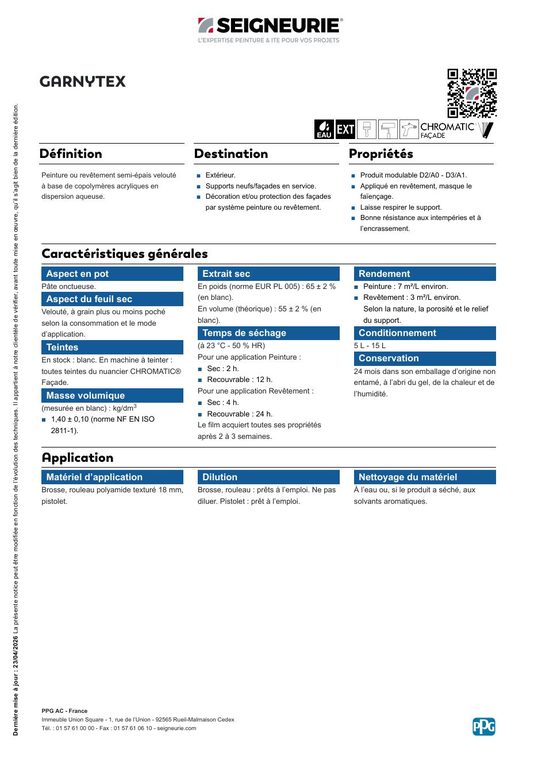 Fiche technique GARNYTEX (Seigneurie)